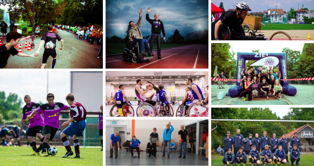 Verschiedene Sportaktivitäten und Gruppenbilder von inklusiven Sportveranstaltungen.
