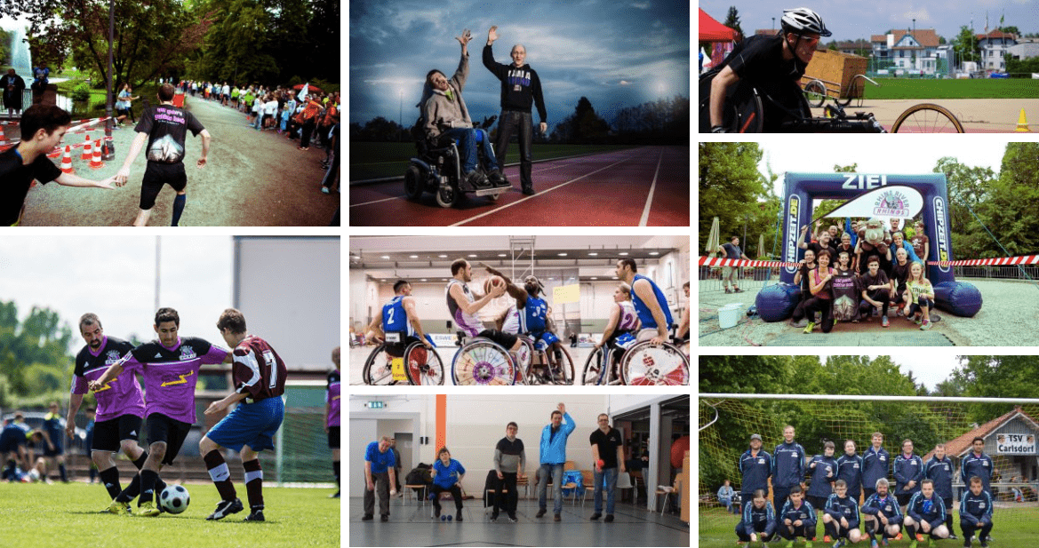 Bildcollage Sportarten SV Rhinos Wiesbaden: Rollstuhlbasketball, Fußball, Laufen, Tischtennis
