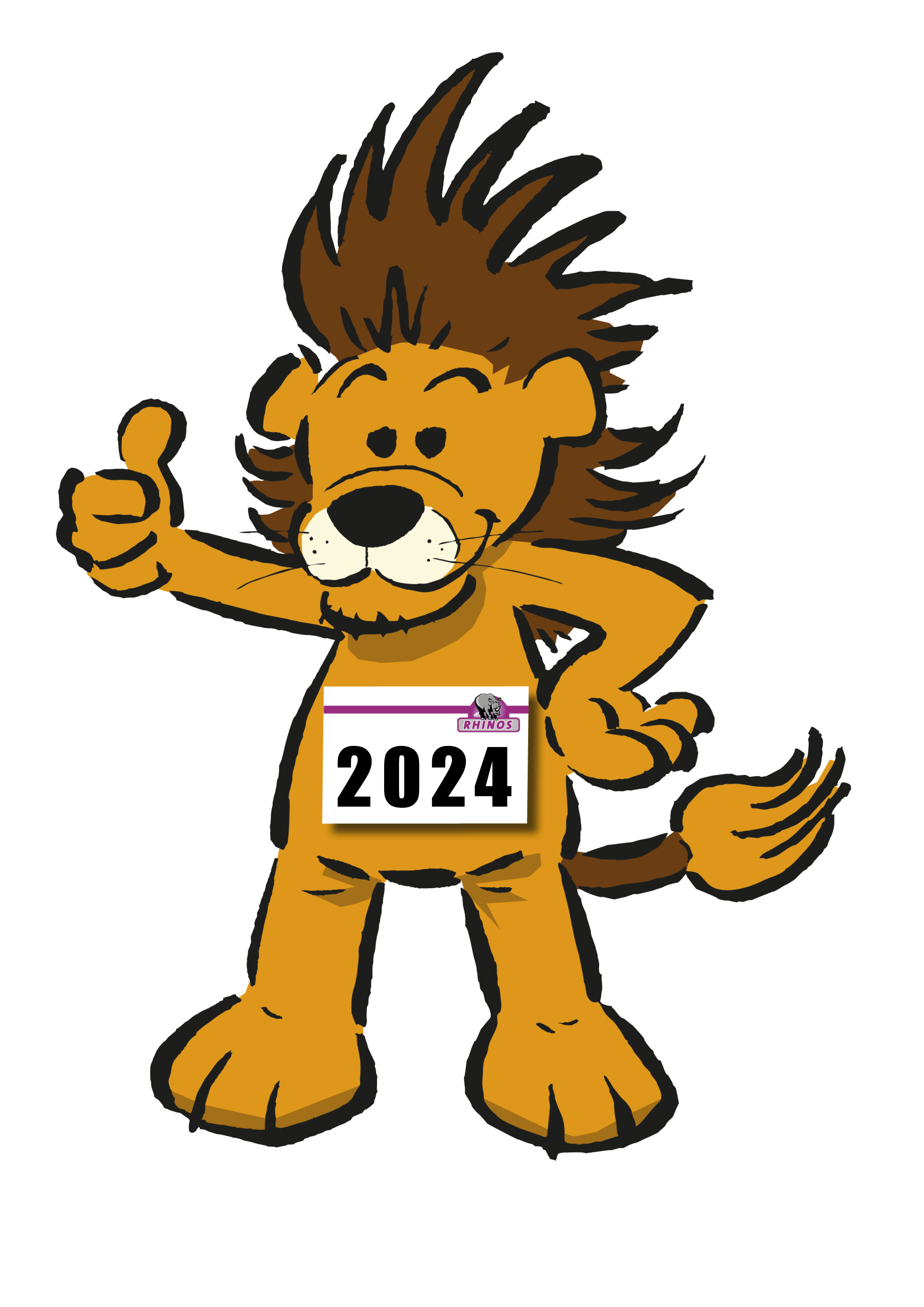Löwen-Maskottchen mit Daumen hoch und Startnummer 2024.