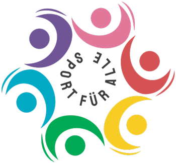 Logo mit bunten, stilisierten Personen, die einen Kreis bilden, und dem Text "Sport für alle".