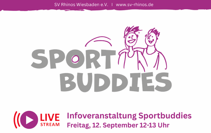 Logo "SV Rhinos Wiesbaden" mit dem Schriftzug "SPORT BUDDIES" und zwei lächelnden Figuren. Informationen zur Infoveranstaltung.