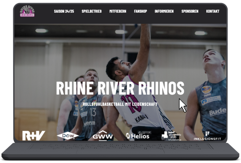 Laptop mit Webseite der Rhine River Rhinos und Spielern beim Rollstuhlbasketball.